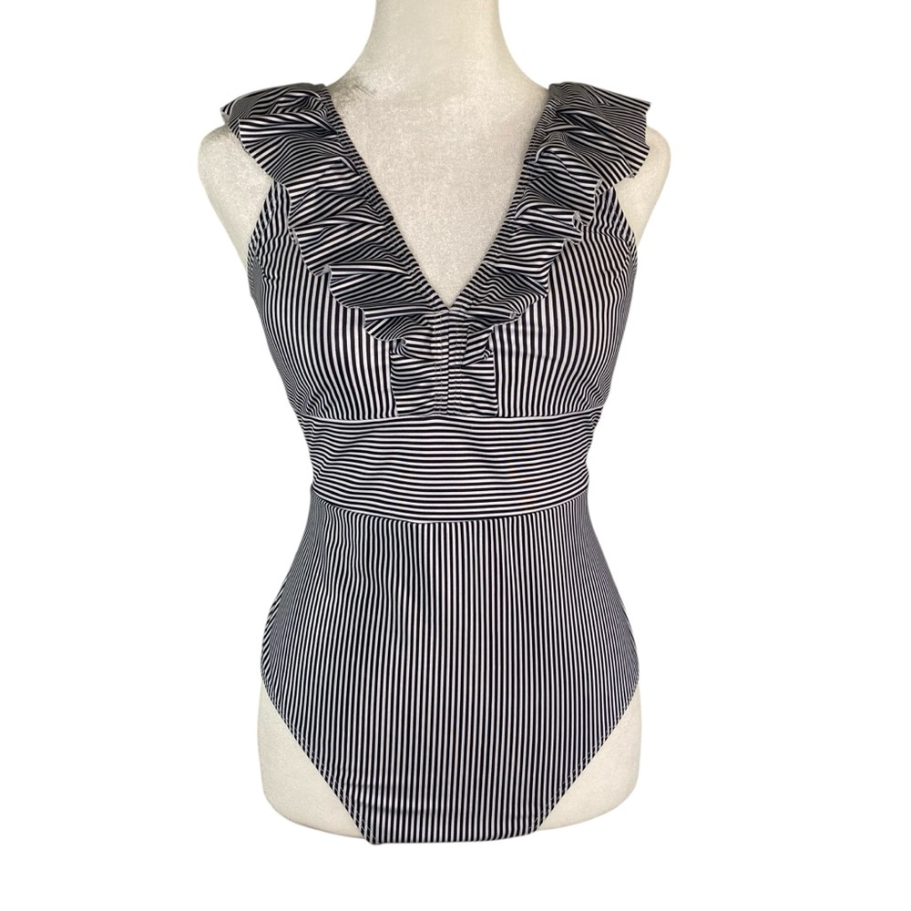 One Piece Striped Swimsuit with Ruffles